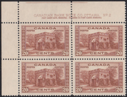 Canada 1938 MH Sc #243 20c Fort Garry Gate Plate 2 UL Block Of 4 - Plate Number & Inscriptions