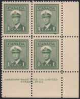 Canada 1942 MNH Sc #249 1c George VI War Plate 24 LR Block Of 4 - Plate Number & Inscriptions