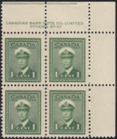 Canada 1942 MNH Sc #249 1c George VI War Plate 27 UR Block Of 4 - Plate Number & Inscriptions