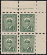 Canada 1942 MNH Sc #249 1c George VI War Plate 30 UR Block Of 4 - Num. Planches & Inscriptions Marge