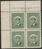 Canada 1942 MNH Sc #249 1c George VI War Plate 31 UL Block Of 4 - Num. Planches & Inscriptions Marge