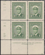 Canada 1942 MNH Sc #249 1c George VI War Plate 31 LL Block Of 4 - Num. Planches & Inscriptions Marge