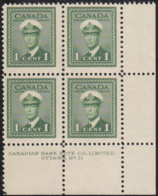 Canada 1942 MNH Sc #249 1c George VI War Plate 31 LR Block Of 4 - Plate Number & Inscriptions