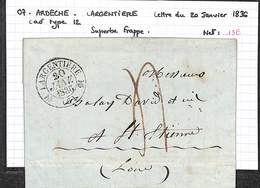 07 -  ARDECHE - LARGENTIERE - Lettre Du 20/01/1836 - Cad Type 12 - Taxe Manuscrite - Superbe Frappe - 1801-1848: Precursors XIX