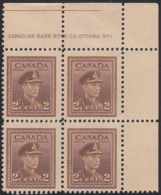 Canada 1942 MNH Sc #250 2c George VI Plate 1 UR Block Of 4 - Num. Planches & Inscriptions Marge