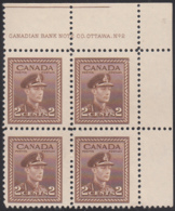 Canada 1942 MNH Sc #250 2c George VI Plate 2 UR Block Of 4 - Num. Planches & Inscriptions Marge