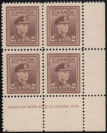 Canada 1942 MNH Sc #250 2c George VI Plate 5 LR Block Of 4 - Plate Number & Inscriptions