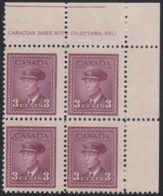 Canada 1943 MNH Sc #252 3c George VI, Rose Violet Plate 11 UR Block Of 4 - Plate Number & Inscriptions
