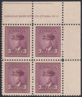 Canada 1943 MNH Sc #252 3c George VI, Rose Violet Plate 12 UR Block Of 4 - Plate Number & Inscriptions