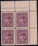 Canada 1943 MNH Sc #252 3c George VI, Rose Violet Plate 15 UR Block Of 4 - Plate Number & Inscriptions