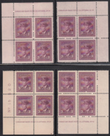 Canada 1943 MNH Sc #252 3c George VI, Rose Violet Plate 15 Set Of 4 Blocks Of 4 - Plate Number & Inscriptions