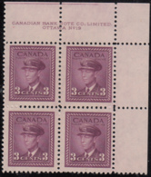 Canada 1943 MNH Sc #252 3c George VI, Rose Violet Plate 19 UR Block Of 4 - Plate Number & Inscriptions