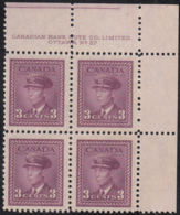 Canada 1943 MNH Sc #252 3c George VI, Rose Violet Plate 27 UR Block Of 4 - Plate Number & Inscriptions