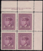 Canada 1943 MNH Sc #252 3c George VI, Rose Violet Plate 27 UR Block Of 4 - Plate Number & Inscriptions