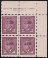 Canada 1943 MNH Sc #252 3c George VI, Rose Violet Plate 29 UR Block Of 4 - Plattennummern & Inschriften