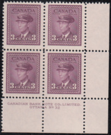 Canada 1943 MNH Sc #252 3c George VI, Rose Violet Plate 32 LR Block Of 4 - Plate Number & Inscriptions