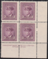 Canada 1943 MNH Sc #252 3c George VI, Rose Violet Plate 33 LR Block Of 4 - Plate Number & Inscriptions