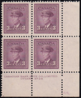 Canada 1943 MNH Sc #252 3c George VI, Rose Violet Plate 34 LR Block Of 4 - Plate Number & Inscriptions