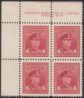 Canada 1943 MNH Sc #254 4c George VI War Plate 31 UL Block Of 4 - Plate Number & Inscriptions