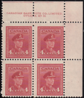 Canada 1943 MNH Sc #254 4c George VI War Plate 31 UR Block Of 4 - Plate Number & Inscriptions