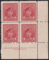 Canada 1943 MNH Sc #254 4c George VI War Plate 32 LR Block Of 4 - Plate Number & Inscriptions