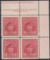 Canada 1943 MNH Sc #254 4c George VI War Plate 37 UR Block Of 4 - Plate Number & Inscriptions