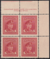 Canada 1943 MNH Sc #254 4c George VI War Plate 45 UR Block Of 4 - Plate Number & Inscriptions