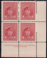 Canada 1943 MNH Sc #254 4c George VI War Plate 46 LR Block Of 4 - Plattennummern & Inschriften