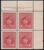 Canada 1943 MNH Sc #254 4c George VI War Plate 48 UR Block Of 4 - Plattennummern & Inschriften