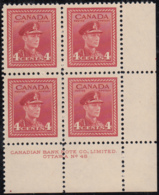 Canada 1943 MNH Sc #254 4c George VI War Plate 48 LR Block Of 4 - Plattennummern & Inschriften