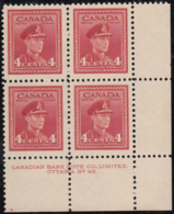 Canada 1943 MNH Sc #254 4c George VI War Plate 48 LR Block Of 4 - Plate Number & Inscriptions