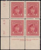 Canada 1943 MNH Sc #254 4c George VI War Plate 49 LL Block Of 4 - Plattennummern & Inschriften