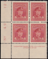 Canada 1943 MNH Sc #254 4c George VI War Plate 49 LL Block Of 4 - Plate Number & Inscriptions