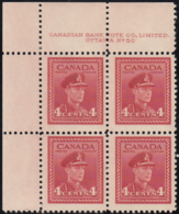 Canada 1943 MNH Sc #254 4c George VI War Plate 50 UL Block Of 4 - Plattennummern & Inschriften