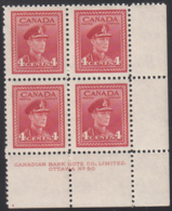 Canada 1943 MNH Sc #254 4c George VI War Plate 50 LR Block Of 4 - Plattennummern & Inschriften