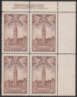 Canada 1942 MNH Sc #257 10c Parliament Buildings Plate 2 UR Block Of 4 - Plattennummern & Inschriften