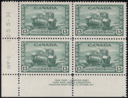 Canada 1942 MNH Sc #258 13c Ram Tank Plate 1 LL Block Of 4 - Plate Number & Inscriptions