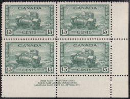 Canada 1942 MNH Sc #258 13c Ram Tank Plate 1 LR Block Of 4 - Plate Number & Inscriptions