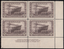 Canada 1942 MNH Sc #260 20c Corvette Ship Plate 1 LR Block Of 4 - Plattennummern & Inschriften