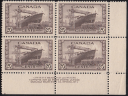 Canada 1942 MH Sc #260 20c Corvette Ship Plate 1 LR Block Of 4 - Plattennummern & Inschriften