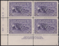 Canada 1942 MNH Sc #261 50c Munitions Factory Plate 1 LL Block Of 4 - Plate Number & Inscriptions