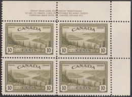 Canada 1946 MNH Sc #269 10c Great Bear Lake Plate 1 UR Block Of 4 - Plate Number & Inscriptions