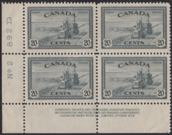 Canada 1946 MNH Sc #271 20c Combine Harvesting Plate 2 LL Block Of 4 - Plate Number & Inscriptions