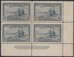 Canada 1946 MNH Sc #271 20c Combine Harvesting Plate 2 LR Block Of 4 - Plate Number & Inscriptions