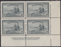 Canada 1946 MH Sc #271 20c Combine Harvesting Plate 2 LR Block Of 4 - Plate Number & Inscriptions