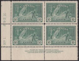 Canada 1946 MNH Sc #272 50c Logging Plate 1 LL Block Of 4 - Plate Number & Inscriptions