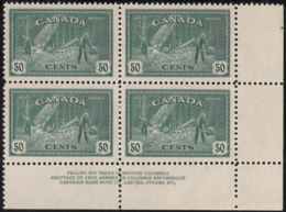 Canada 1946 MNH Sc #272 50c Logging Plate 1 LR Block Of 4 - Plate Number & Inscriptions