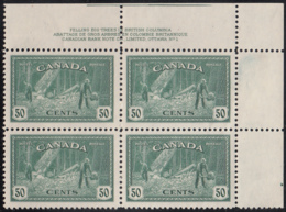 Canada 1946 MH Sc #272 50c Logging Plate 1 UR Block Of 4 - Plate Number & Inscriptions