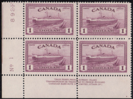Canada 1946 MNH Sc #273 $1 Train Ferry 'Abegweit' Plate 1 LL Block Of 4 - Plattennummern & Inschriften