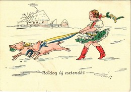 ** T3 Boldog Új Esztendőt! / Hungarian Irredenta Propaganda With New Year Greeting, Girl With Pigs S: Pálffy (gyűrődés / - Unclassified